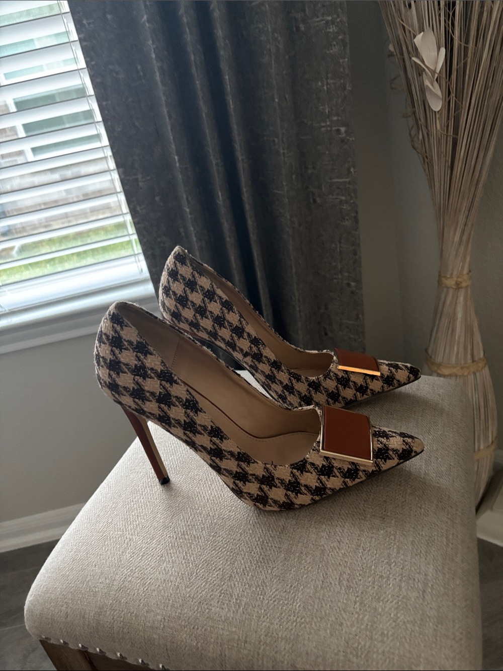 Classic Houndstooth Pointed-Toe Pumps in Beige and Black